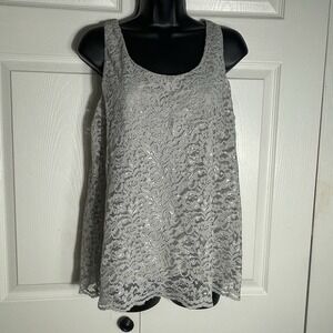 Ann Taylor Loft Floral Lace Tank Top Petite XL Silver Gray Sheer‎ Lined Metallic